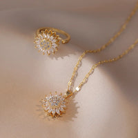 Fashionable and Exquisite Daisy Flower Rotatable Necklace Sunflower Ring Opening Decompression Stainless Steel Jewelry