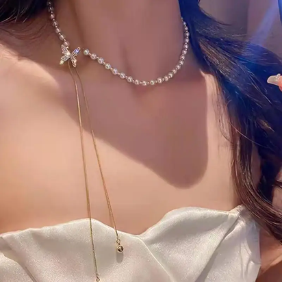 Elevate Your Style with the Fashion-Forward Adjustable Tassel Pearl Chain Necklace - Stunning Rhinestone Butterfly Design Perfect for Weddings and Birthdays