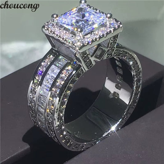 Vintage Princess Cut AAAA Zircon Ring Silver Color Engagement Wedding Rings for Women Men Anniversary Jewelry